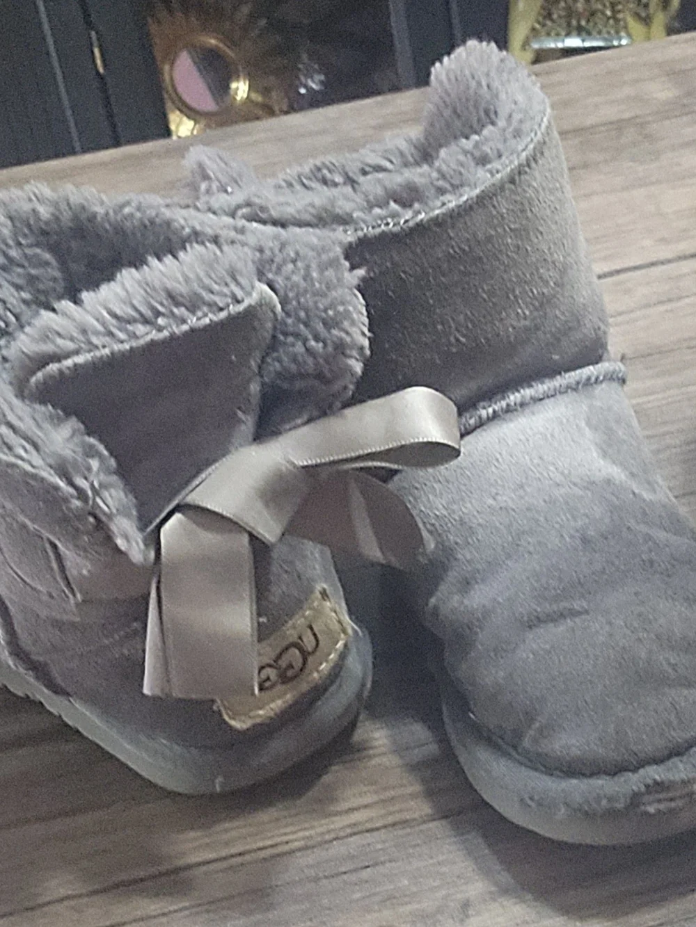UGG Gray Suede Shearling Booties with Satin Back Bow